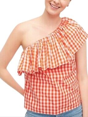 J Crew NWT One Shoulder Gingham Blouse Size 4 in Red/White